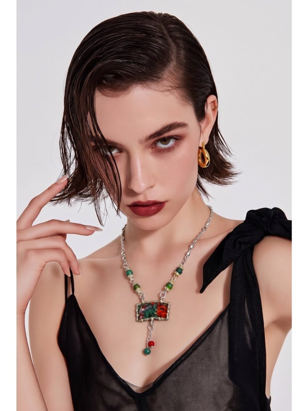 Lena Liu Hummingbird Broken China Pendant  Bezel Red & Green Quartz Necklace - Picture 3 of 14
